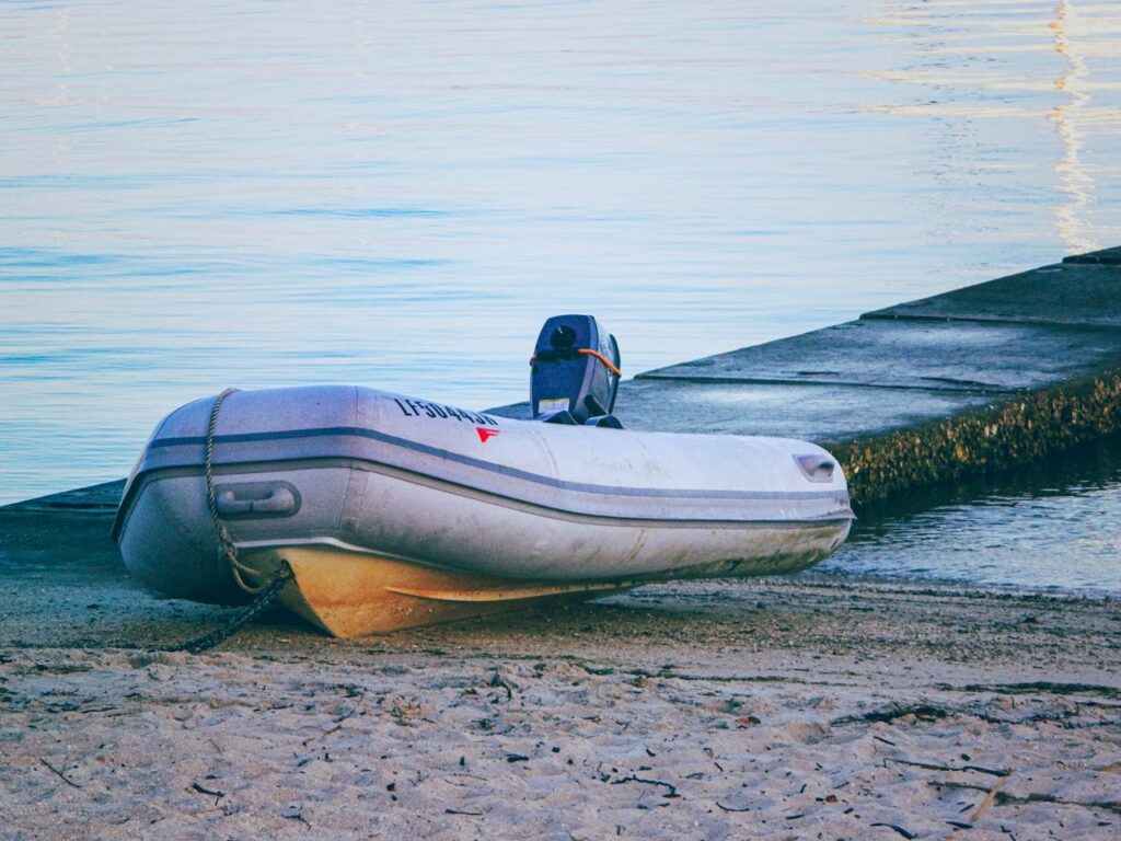 Inflatable Motorboat on Beach. 2nd Light Beach, Brevard County, Florida