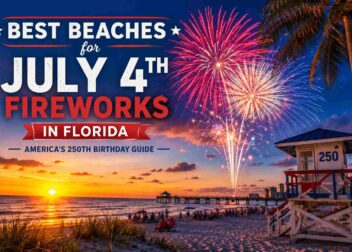 Crowds gather on a Florida beach at sunset as colorful fireworks explode over the ocean during a Fourth of July celebration. A lifeguard tower, palm trees, and a beachfront pier frame the scene, with patriotic text highlighting the best Florida beaches for July 4th fireworks and America's 250th birthday in 2026.
