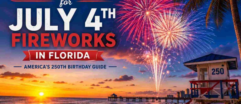 Crowds gather on a Florida beach at sunset as colorful fireworks explode over the ocean during a Fourth of July celebration. A lifeguard tower, palm trees, and a beachfront pier frame the scene, with patriotic text highlighting the best Florida beaches for July 4th fireworks and America's 250th birthday in 2026.
