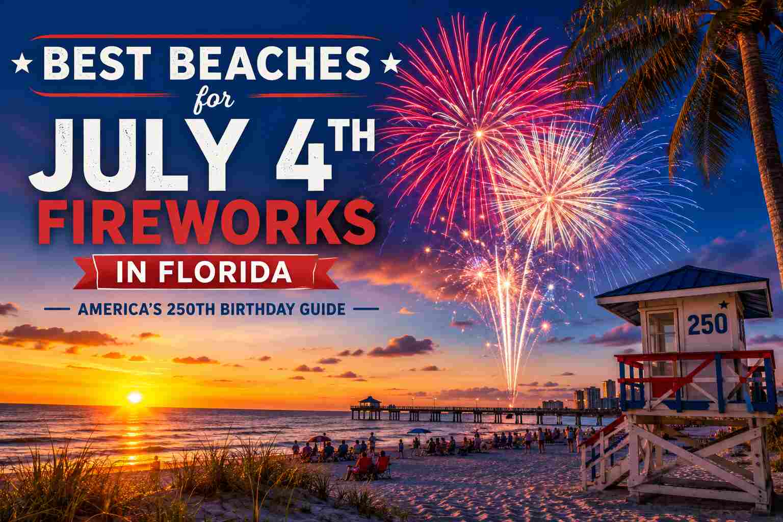 Crowds gather on a Florida beach at sunset as colorful fireworks explode over the ocean during a Fourth of July celebration. A lifeguard tower, palm trees, and a beachfront pier frame the scene, with patriotic text highlighting the best Florida beaches for July 4th fireworks and America's 250th birthday in 2026.